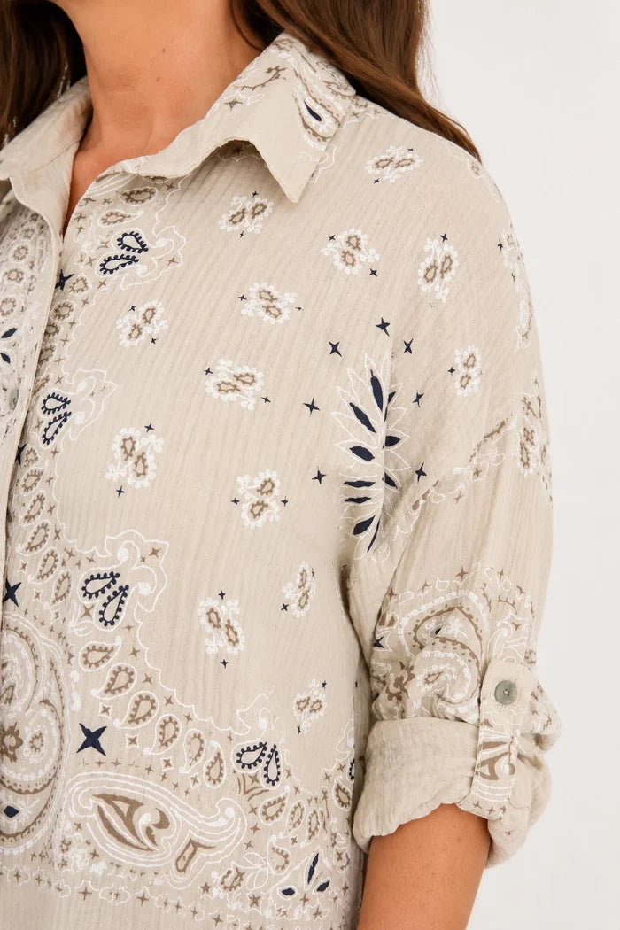 Pure Bubble Cotton Button Sleeve Allisandra Button Shirt - Beige