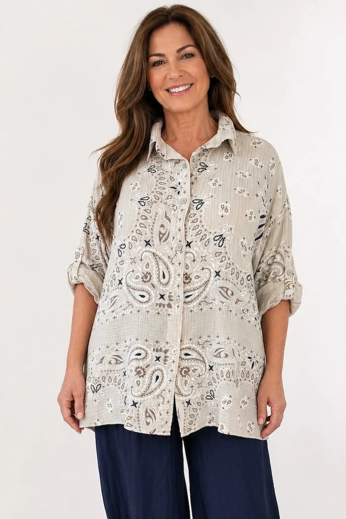 Pure Bubble Cotton Button Sleeve Allisandra Button Shirt - Beige