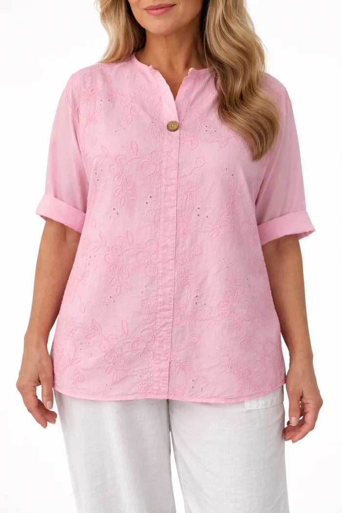 Pure Cotton Button Detail Embroidery Anglaise Firenze Shirt - Baby Pink