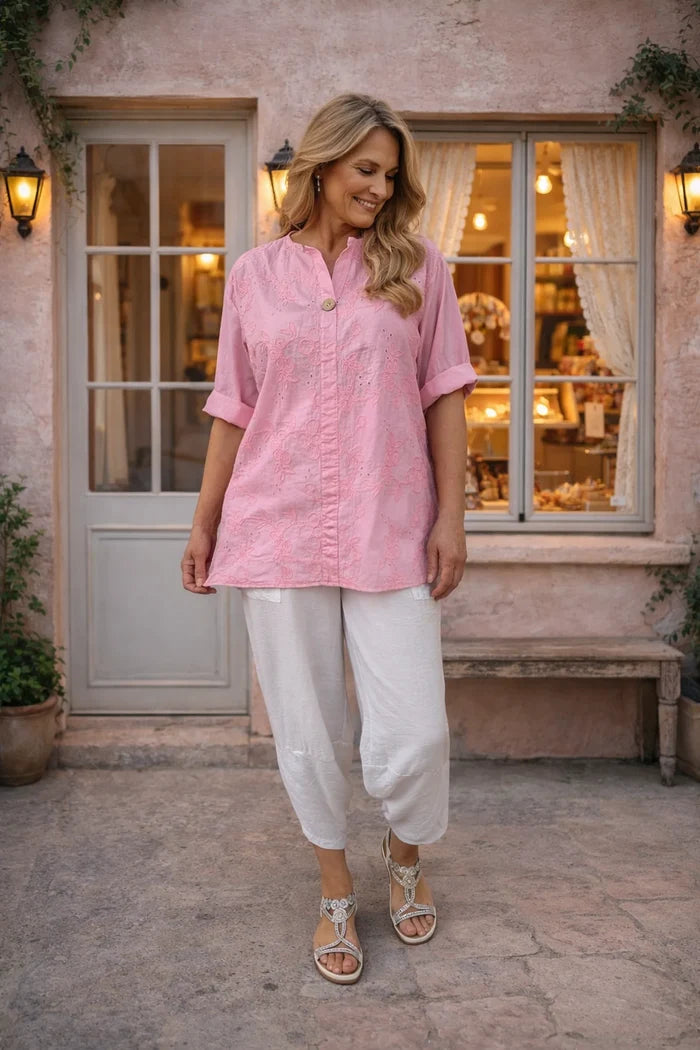 Pure Cotton Button Detail Embroidery Anglaise Firenze Shirt - Baby Pink