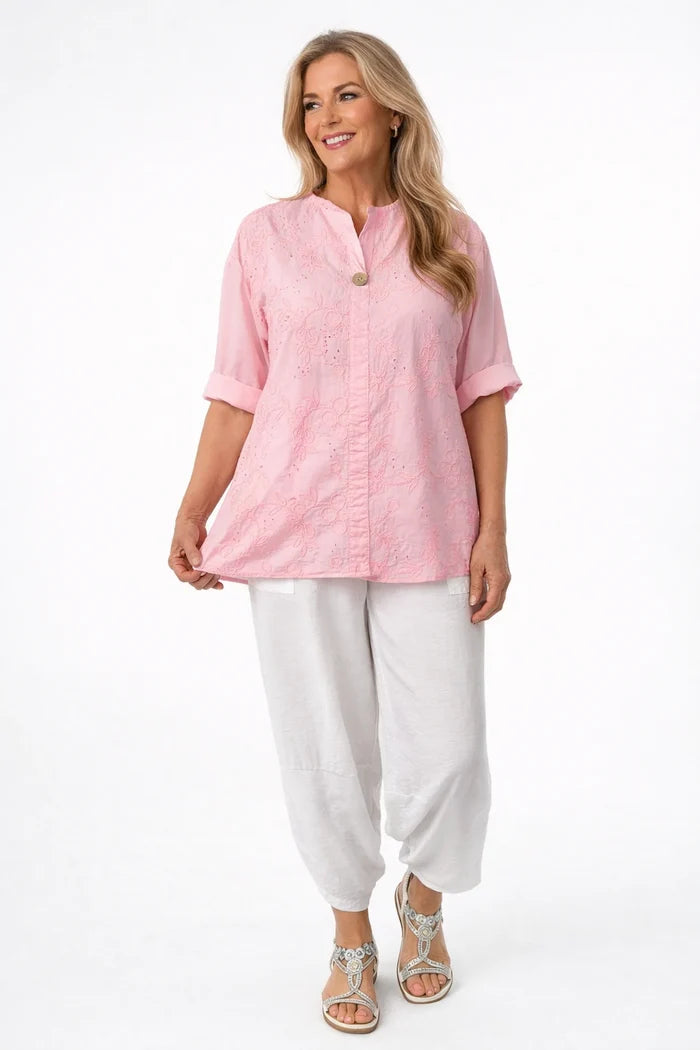 Pure Cotton Button Detail Embroidery Anglaise Firenze Shirt - Baby Pink