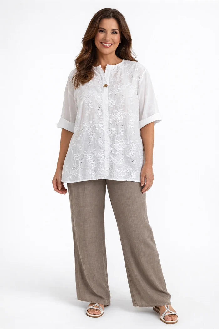 Pure Cotton Button Detail Embroidery Anglaise Firenze Shirt - White