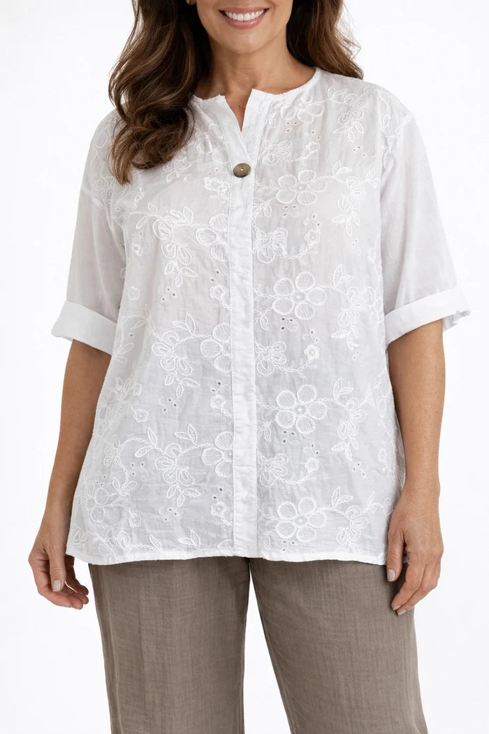 Pure Cotton Button Detail Embroidery Anglaise Firenze Shirt - White