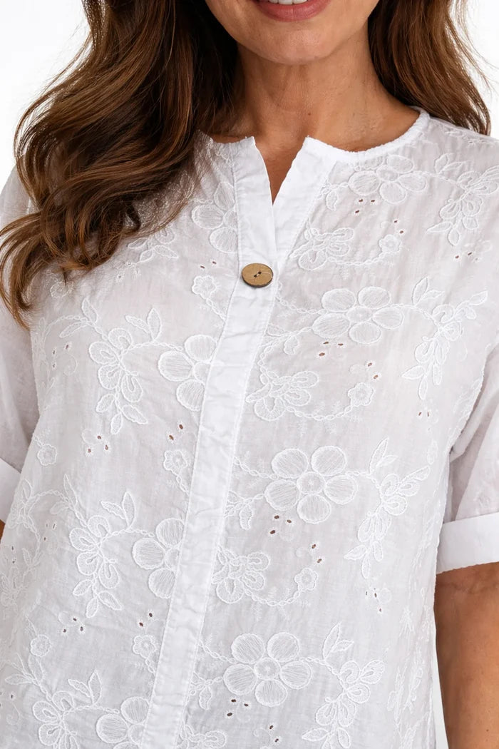 Pure Cotton Button Detail Embroidery Anglaise Firenze Shirt - White