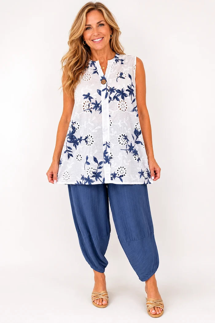 Pure Cotton Button Detail Embroidery Anglaise Mirella Sleeveless Top - Denim