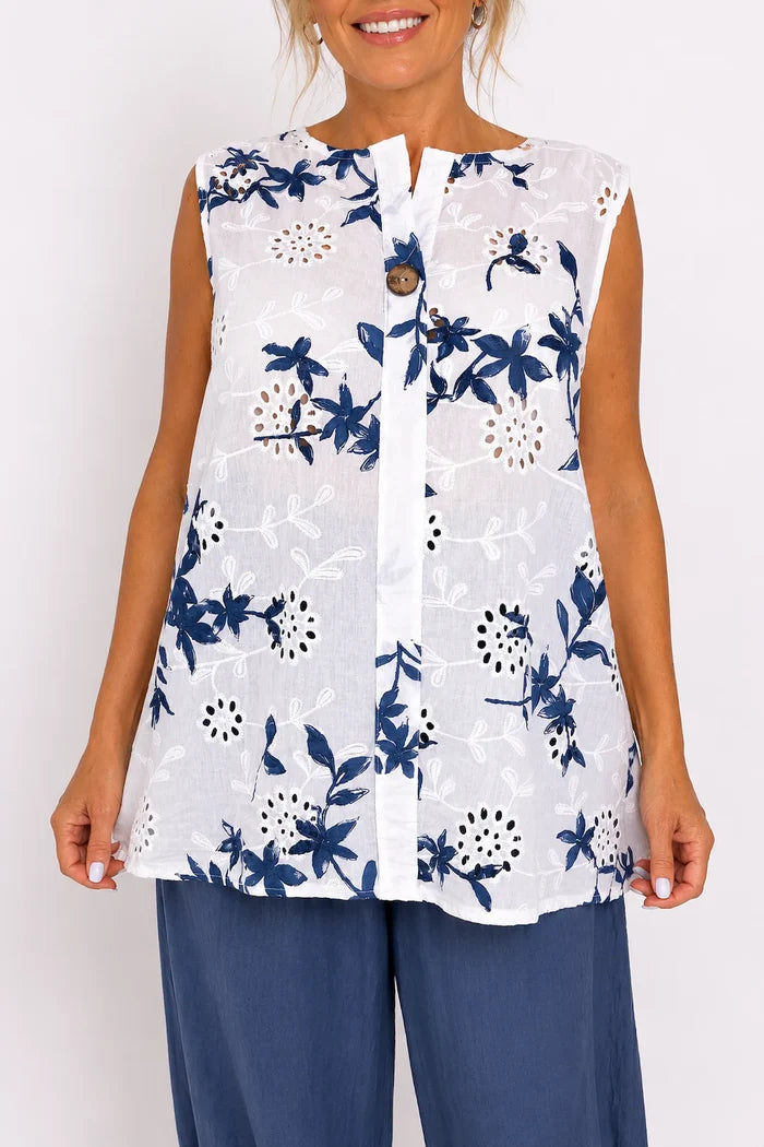 Pure Cotton Button Detail Embroidery Anglaise Mirella Sleeveless Top - Denim