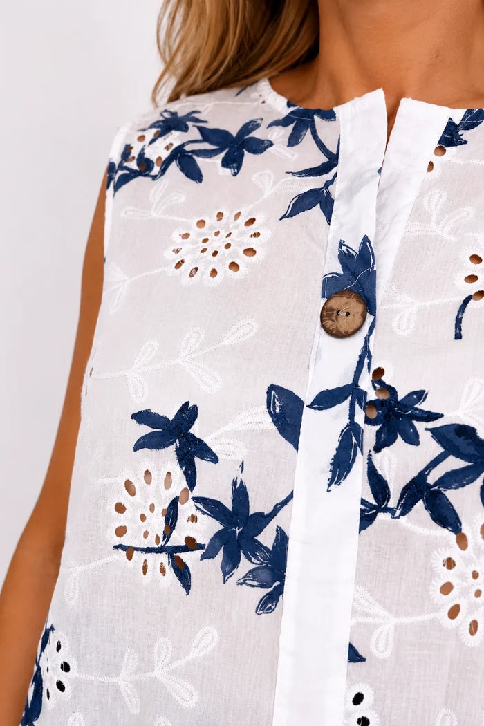 Pure Cotton Button Detail Embroidery Anglaise Mirella Sleeveless Top - Denim