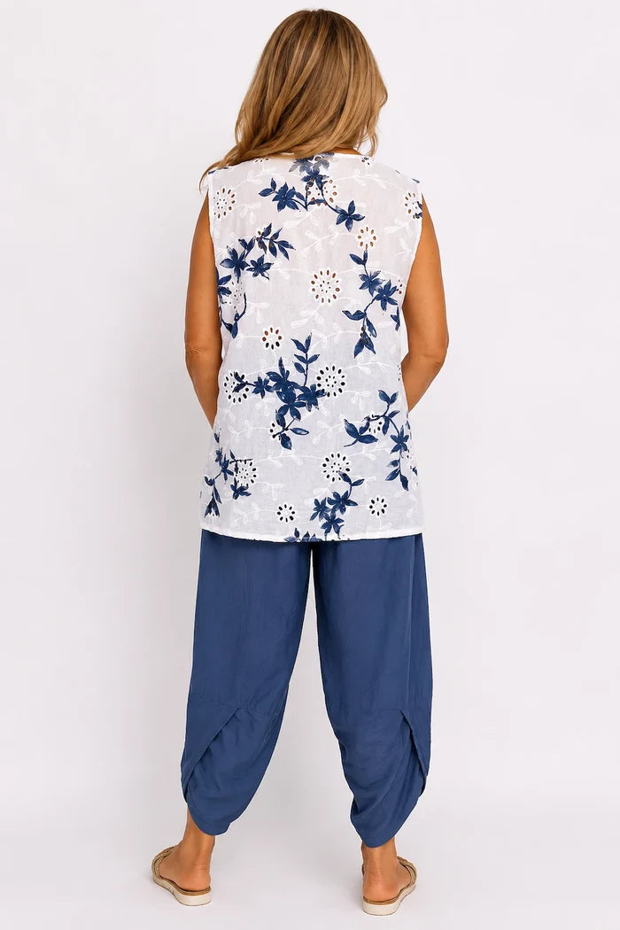 Pure Cotton Button Detail Embroidery Anglaise Mirella Sleeveless Top - Denim
