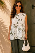 Pure Cotton Button Detail Embroidery Anglaise Mirella Sleeveless Top - Khaki