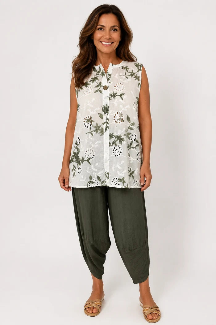 Pure Cotton Button Detail Embroidery Anglaise Mirella Sleeveless Top - Khaki