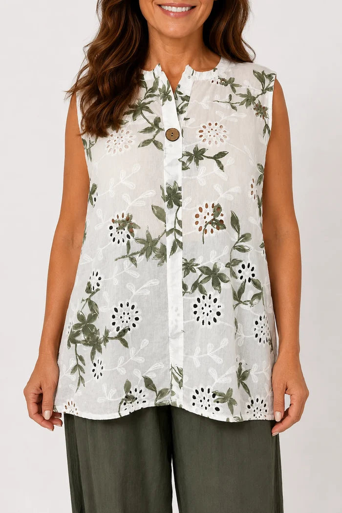 Pure Cotton Button Detail Embroidery Anglaise Mirella Sleeveless Top - Khaki
