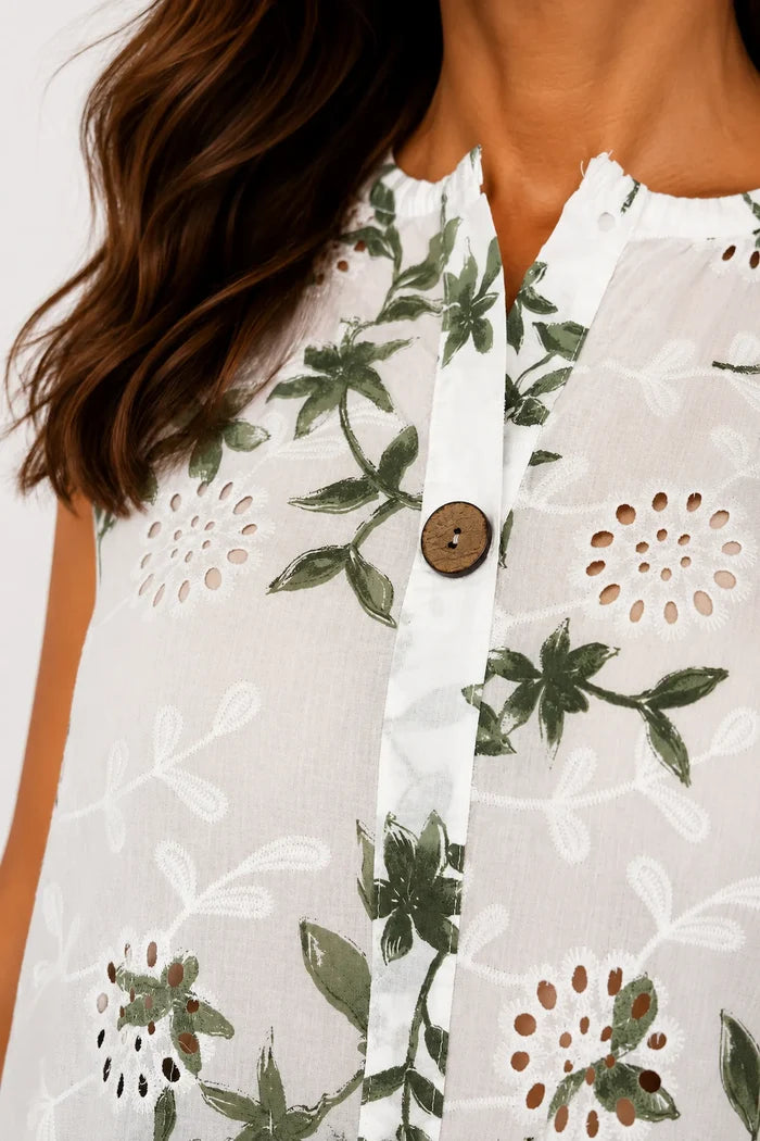 Pure Cotton Button Detail Embroidery Anglaise Mirella Sleeveless Top - Khaki