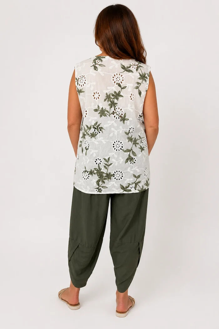 Pure Cotton Button Detail Embroidery Anglaise Mirella Sleeveless Top - Khaki