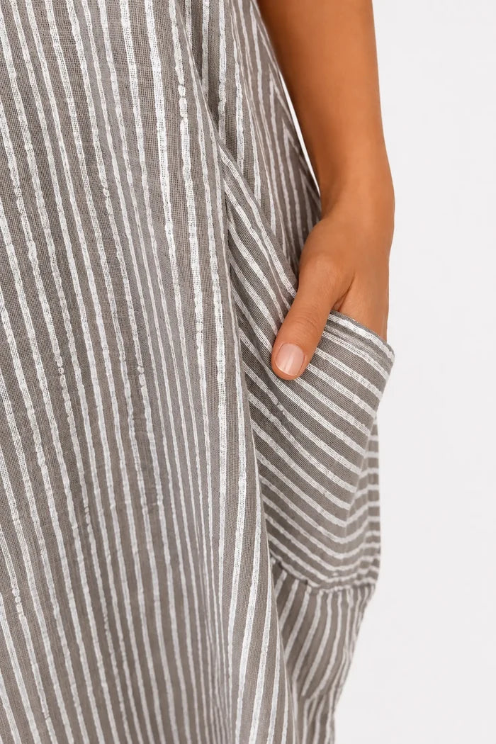 Pure Cotton Double Pocket Khiara Pinstripe Dress - Mocha