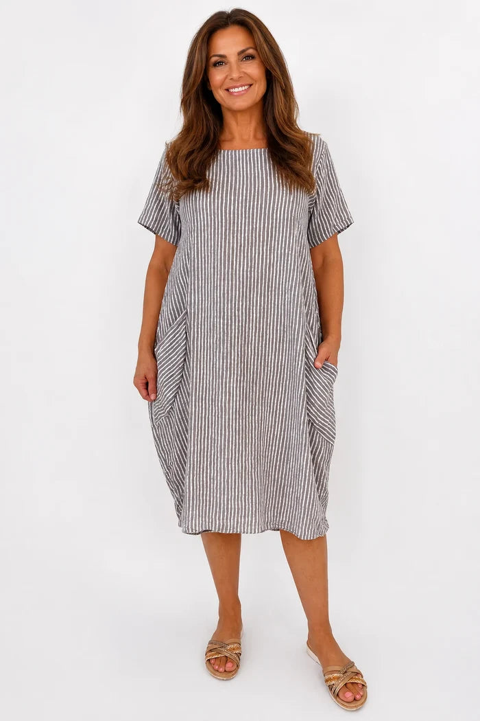 Pure Cotton Double Pocket Khiara Pinstripe Dress - Mocha