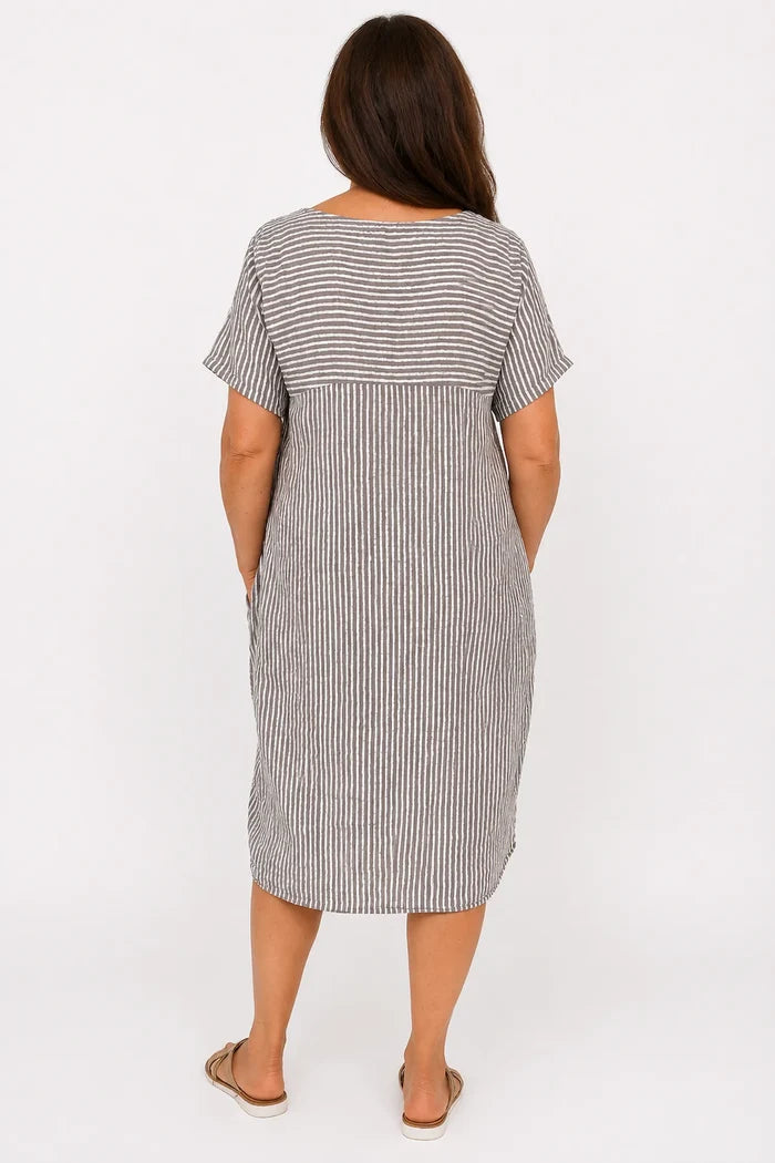 Pure Cotton Double Pocket Khiara Pinstripe Dress - Mocha