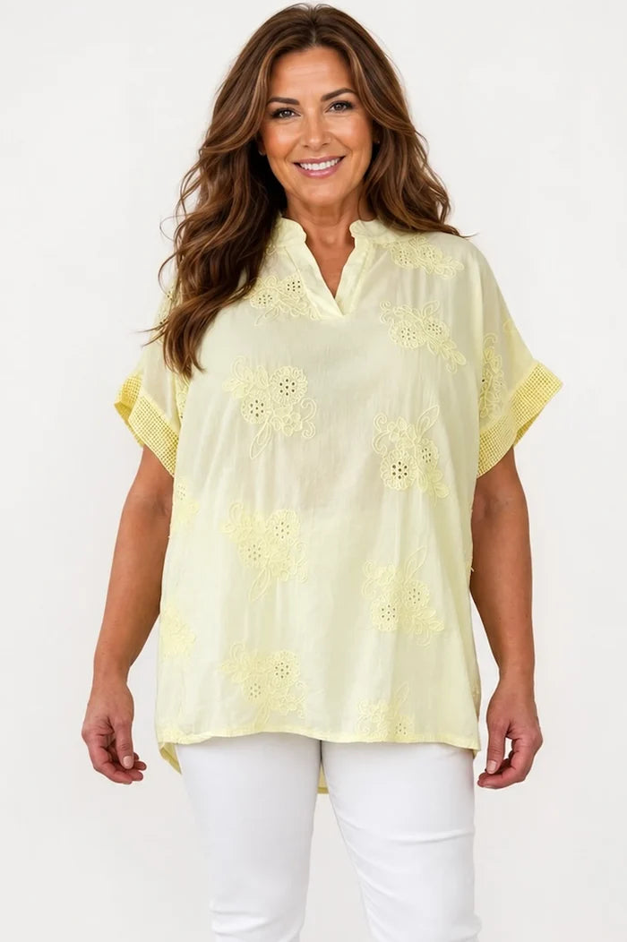 Pure Cotton Embroidered Floral Detail Mesh Sleeve/Back Lucia Shirt - Limoncello