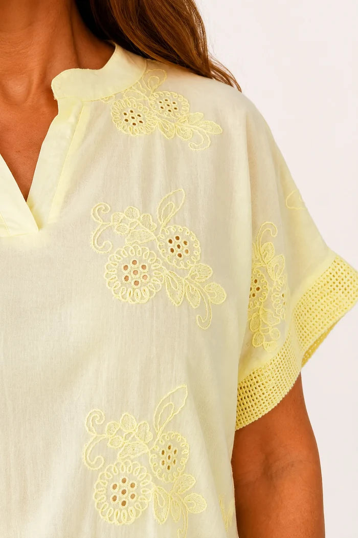 Pure Cotton Embroidered Floral Detail Mesh Sleeve/Back Lucia Shirt - Limoncello