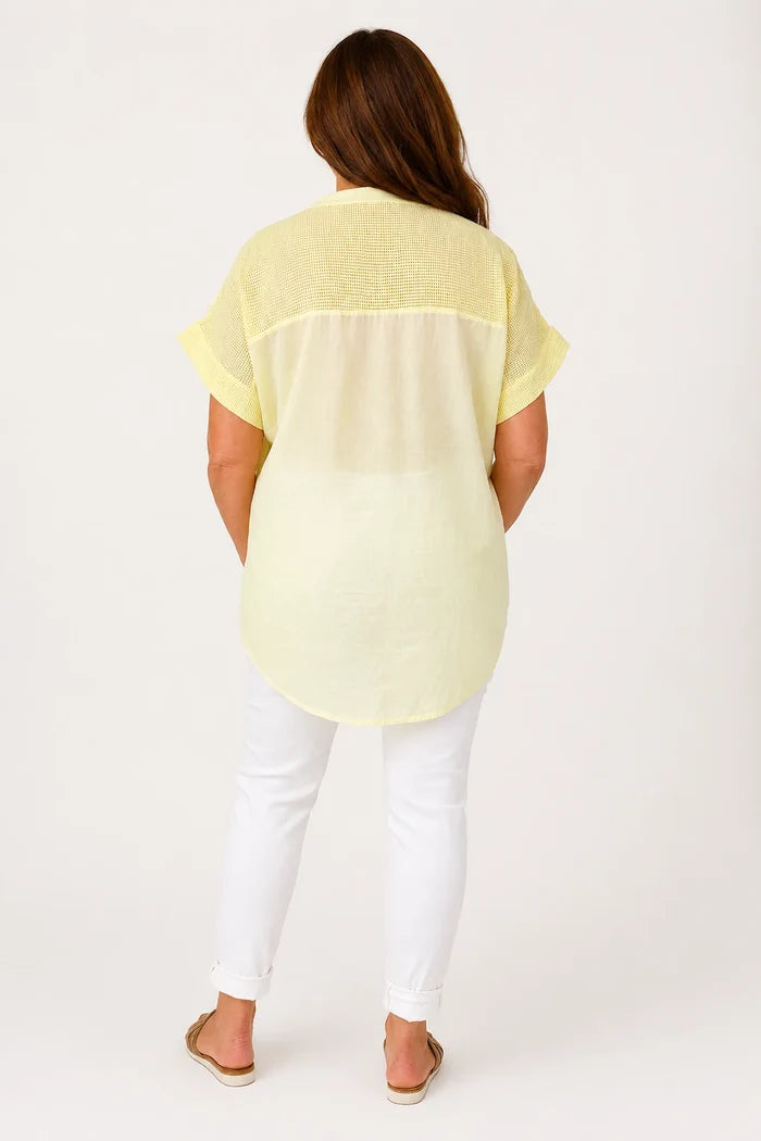 Pure Cotton Embroidered Floral Detail Mesh Sleeve/Back Lucia Shirt - Limoncello