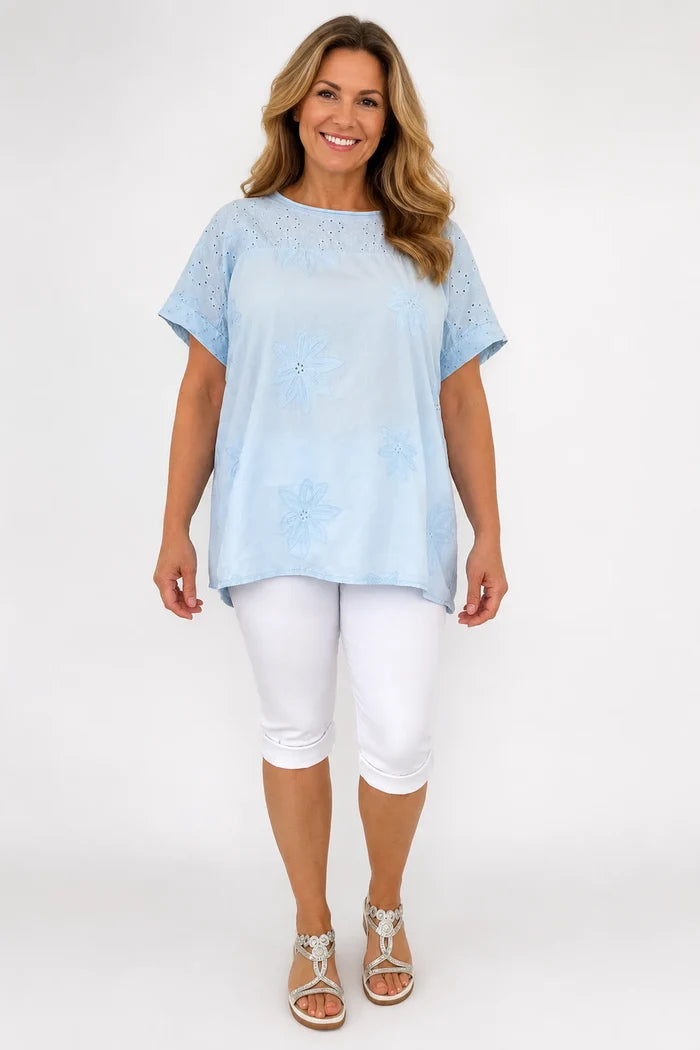 Pure Cotton Floral Embroidery Anglaise Clarissa Top - Baby Blue
