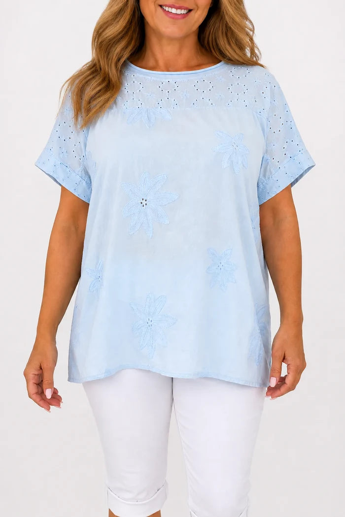 Pure Cotton Floral Embroidery Anglaise Clarissa Top - Baby Blue