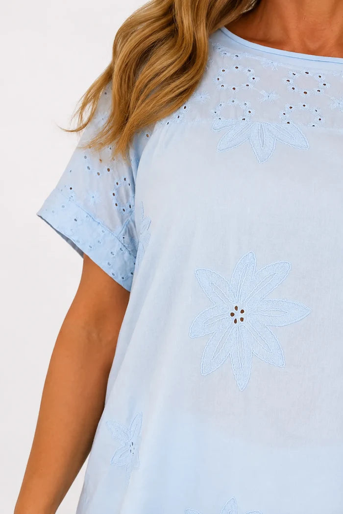 Pure Cotton Floral Embroidery Anglaise Clarissa Top - Baby Blue