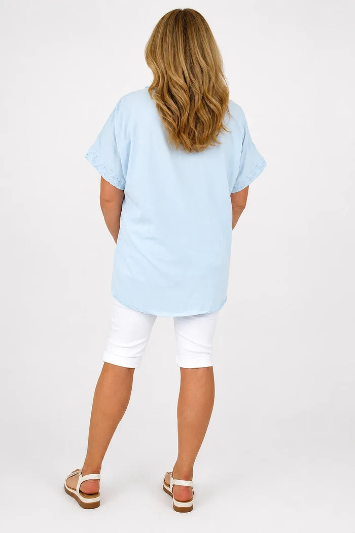 Pure Cotton Floral Embroidery Anglaise Clarissa Top - Baby Blue