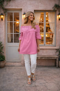 Pure Cotton Frill Sleeve Elasticated Neck Embroidery Anglaise Lumière Bardot Top - Lipstick Pink