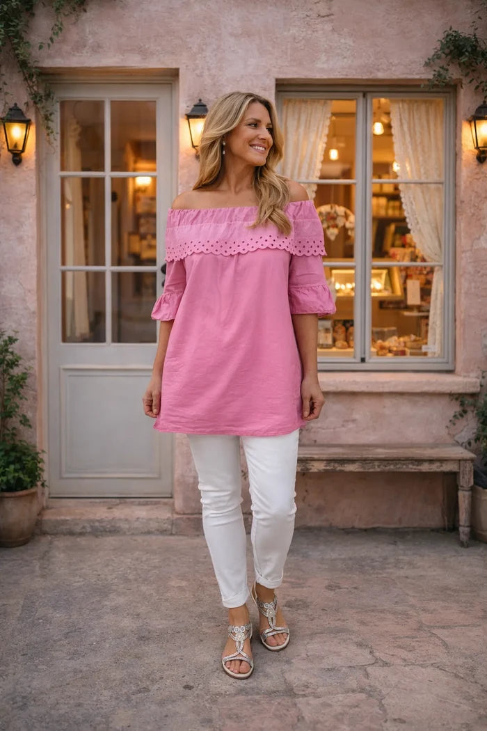 Pure Cotton Frill Sleeve Elasticated Neck Embroidery Anglaise Lumière Bardot Top - Lipstick Pink