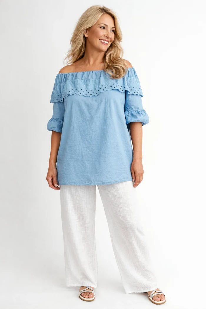 Pure Cotton Frill Sleeve Elasticated Neck Embroidery Anglaise Lumière Bardot Top - Denim