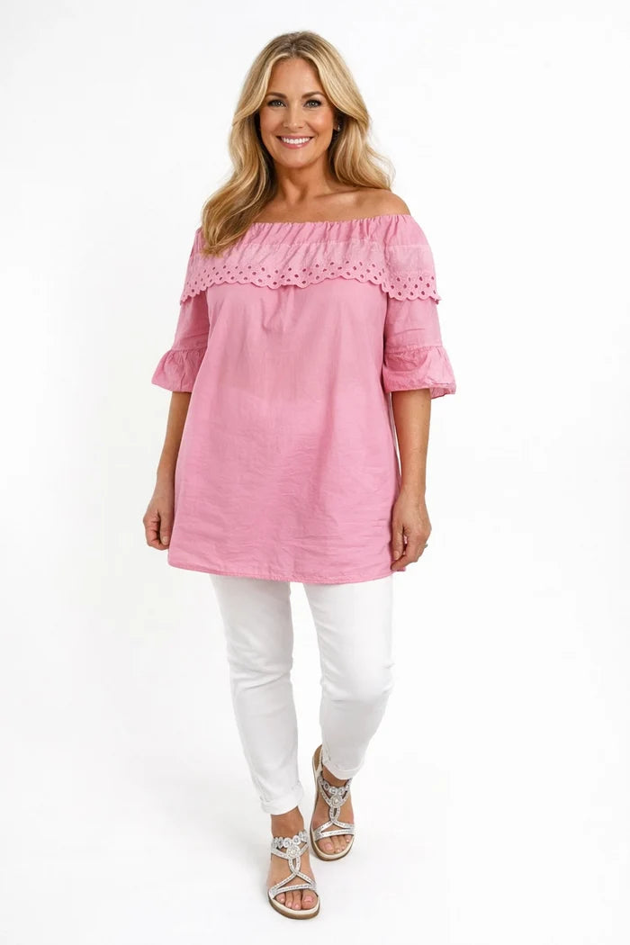 Pure Cotton Frill Sleeve Elasticated Neck Embroidery Anglaise Lumière Bardot Top - Lipstick Pink