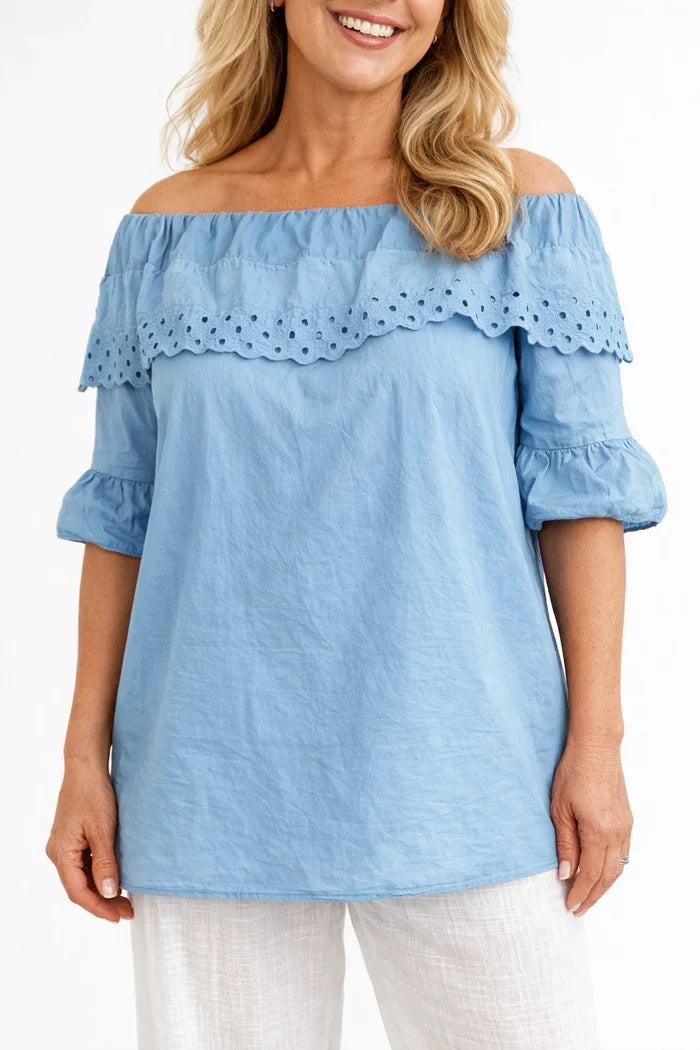 Pure Cotton Frill Sleeve Elasticated Neck Embroidery Anglaise Lumière Bardot Top - Denim