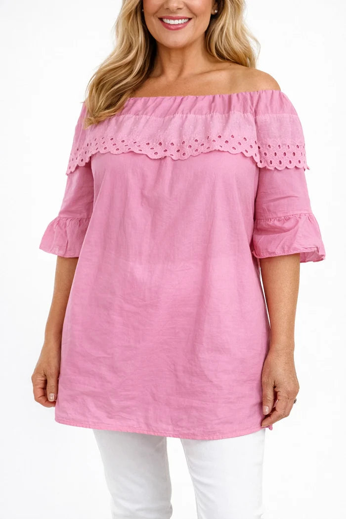 Pure Cotton Frill Sleeve Elasticated Neck Embroidery Anglaise Lumière Bardot Top - Lipstick Pink