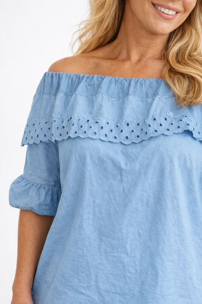 Pure Cotton Frill Sleeve Elasticated Neck Embroidery Anglaise Lumière Bardot Top - Denim