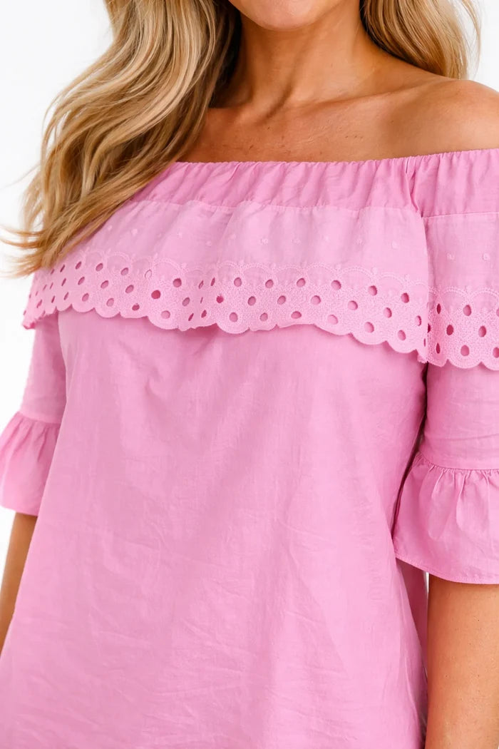 Pure Cotton Frill Sleeve Elasticated Neck Embroidery Anglaise Lumière Bardot Top - Lipstick Pink