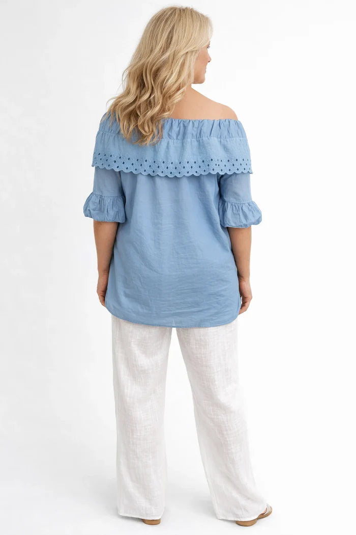 Pure Cotton Frill Sleeve Elasticated Neck Embroidery Anglaise Lumière Bardot Top - Denim
