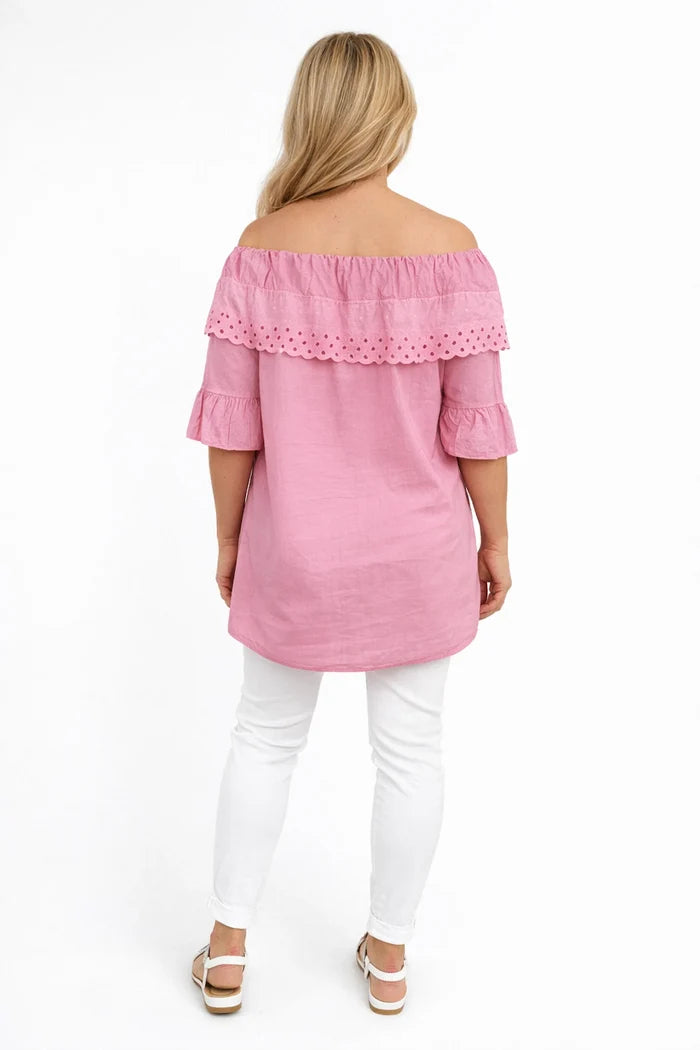 Pure Cotton Frill Sleeve Elasticated Neck Embroidery Anglaise Lumière Bardot Top - Lipstick Pink