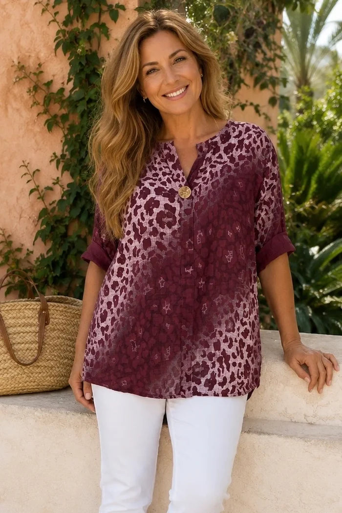 Pure Cotton Leopard Felicity One Button Shirt - Grape