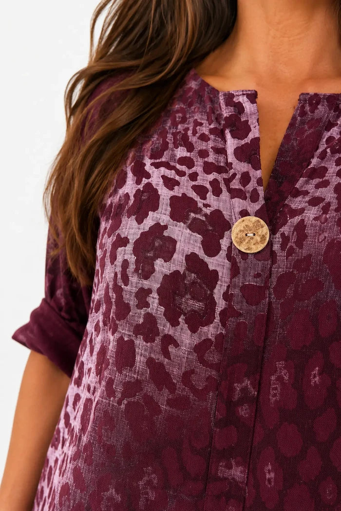 Pure Cotton Leopard Felicity One Button Shirt - Grape