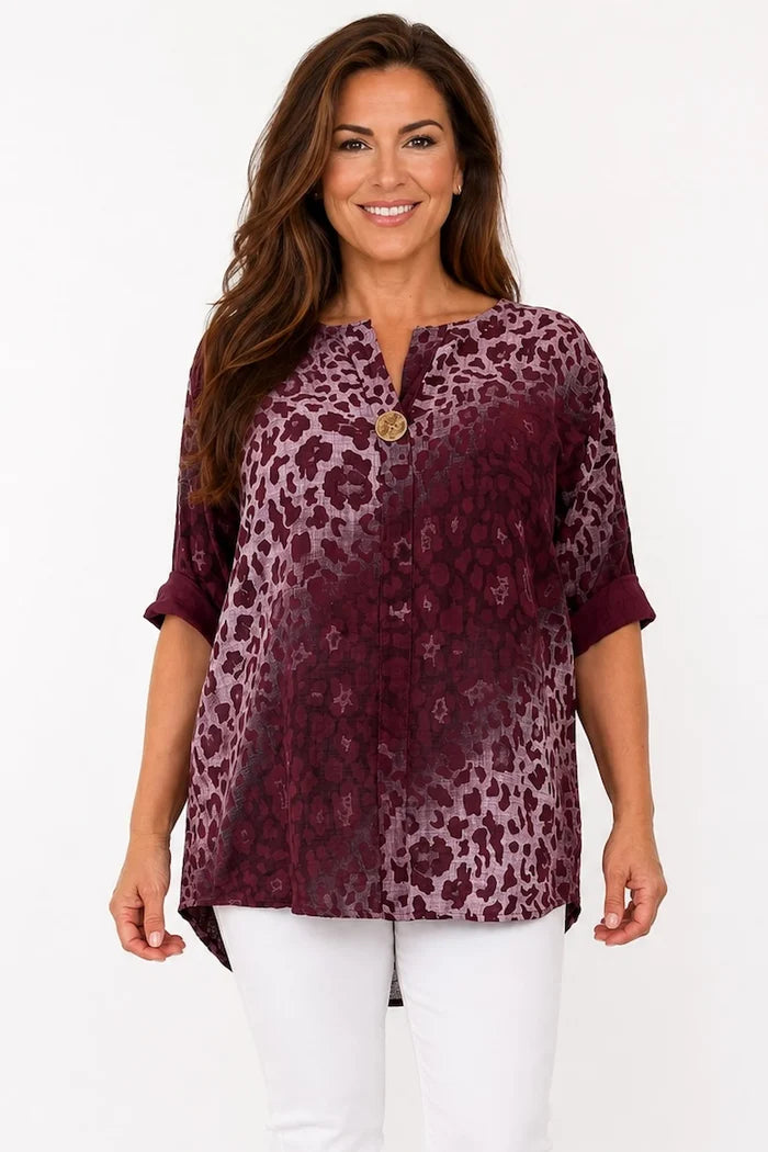 Pure Cotton Leopard Felicity One Button Shirt - Grape