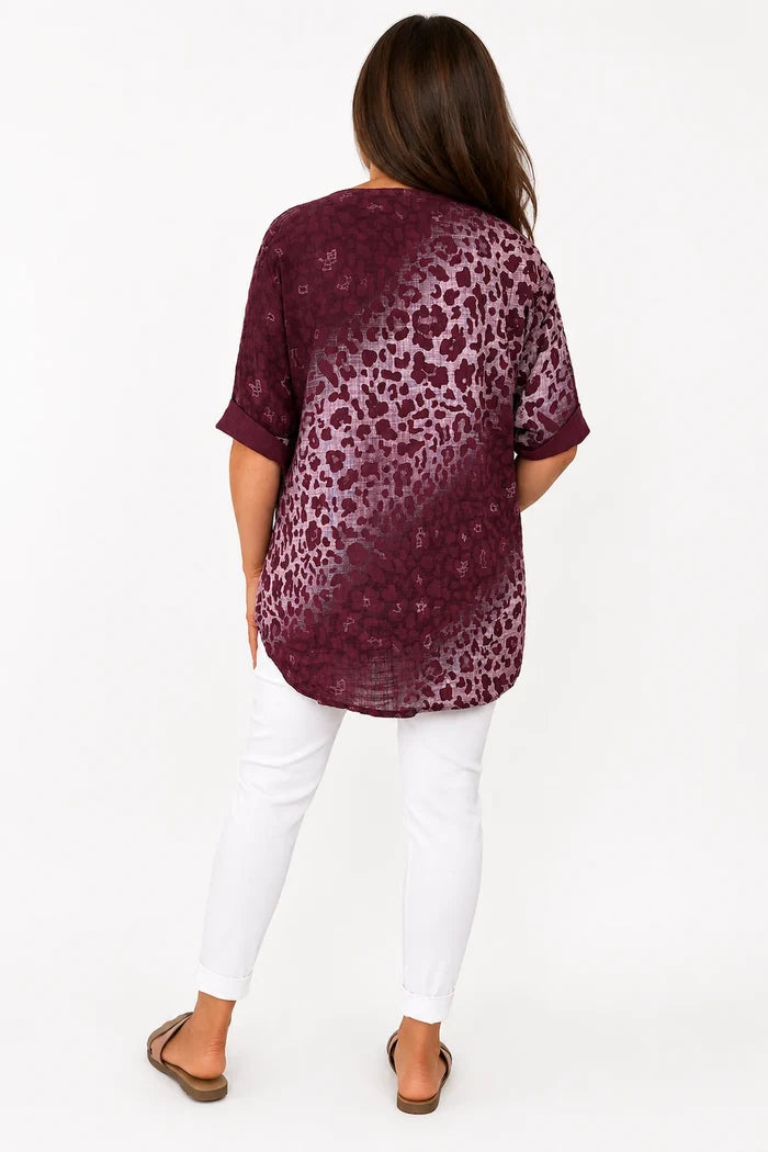 Pure Cotton Leopard Felicity One Button Shirt - Grape