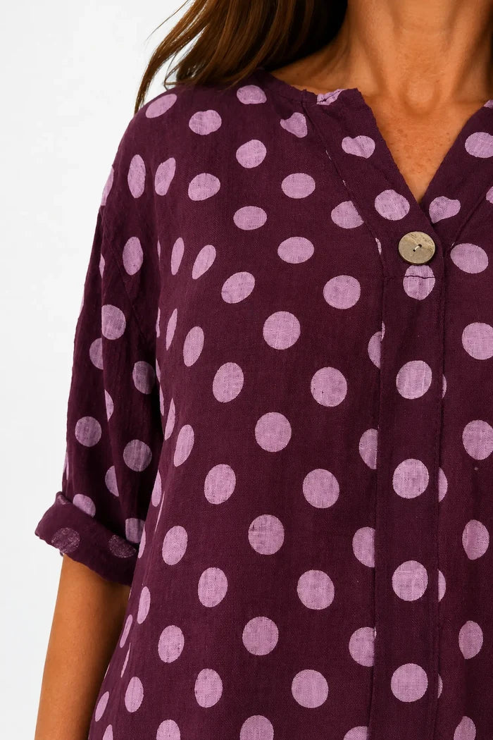 Pure Cotton Polka Dot Kara Button Shirt - Grape