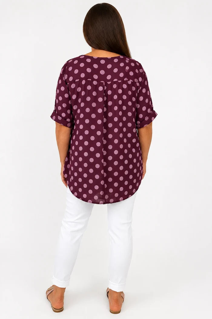 Pure Cotton Polka Dot Kara Button Shirt - Grape
