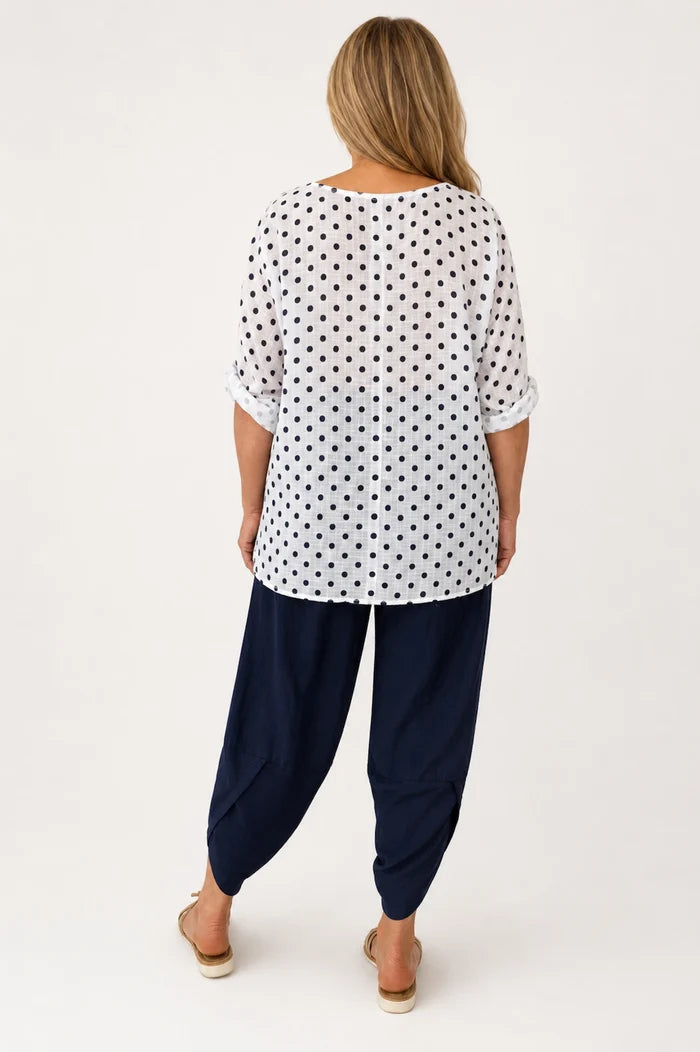Pure Cotton Polka Dot Mari Necklace Top - White