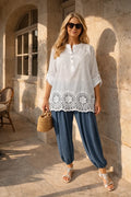 Pure Cotton Sequin Shoulder Embroidery Anglaise Button Sleeve Côte Doré Shirt - White