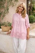 Pure Cotton Sequin Shoulder Embroidery Anglaise Button Sleeve Côte Doré Shirt - Baby Pink