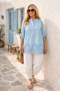 Pure Cotton Sequin Shoulder Embroidery Anglaise Button Sleeve Côte Doré Shirt - Baby Blue