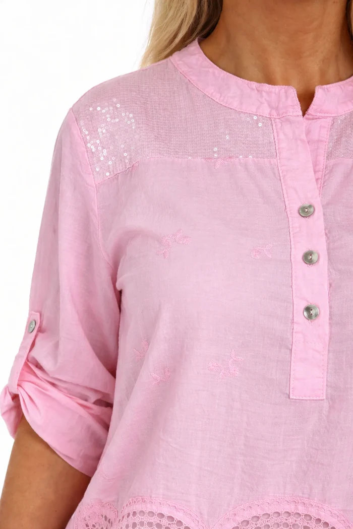 Pure Cotton Sequin Shoulder Embroidery Anglaise Button Sleeve Côte Doré Shirt - Baby Pink
