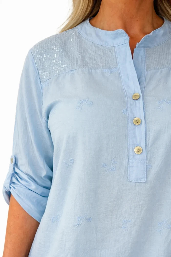 Pure Cotton Sequin Shoulder Embroidery Anglaise Button Sleeve Côte Doré Shirt - Baby Blue