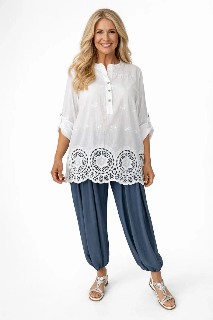 Pure Cotton Sequin Shoulder Embroidery Anglaise Button Sleeve Côte Doré Shirt - White
